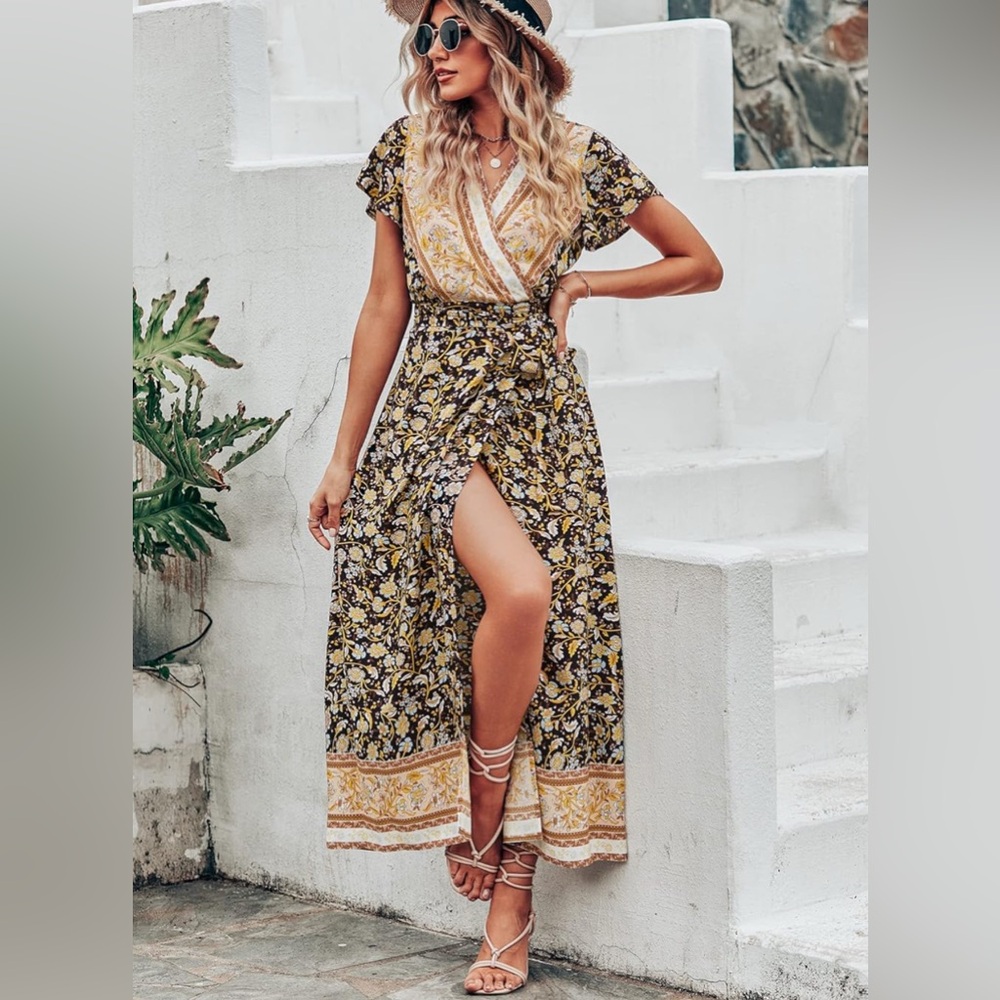 Pretty Garden Black Yellow Paisley Floral Short Sleeve Wrap Midi Dress